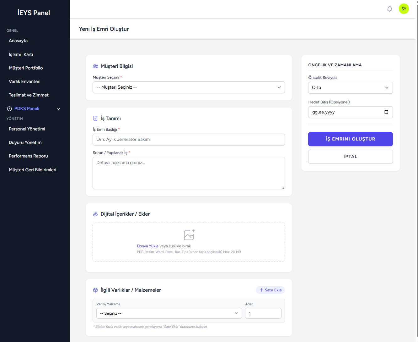 Yeni İş Emri Oluşturma